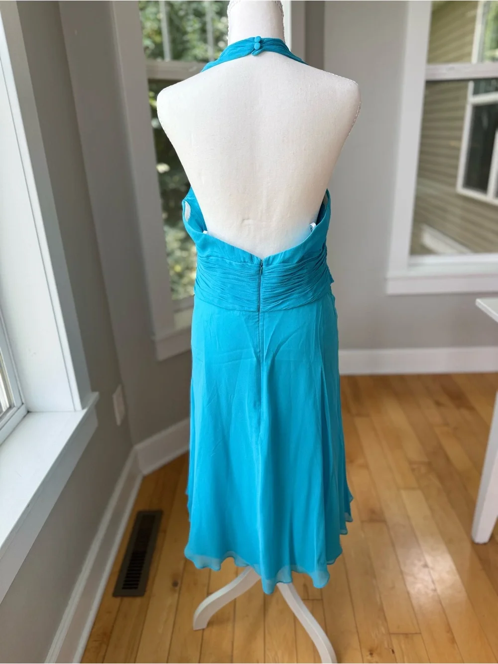 Maggy London Turquoise Silk Halter V-Neck Midi Dress Sz 14
